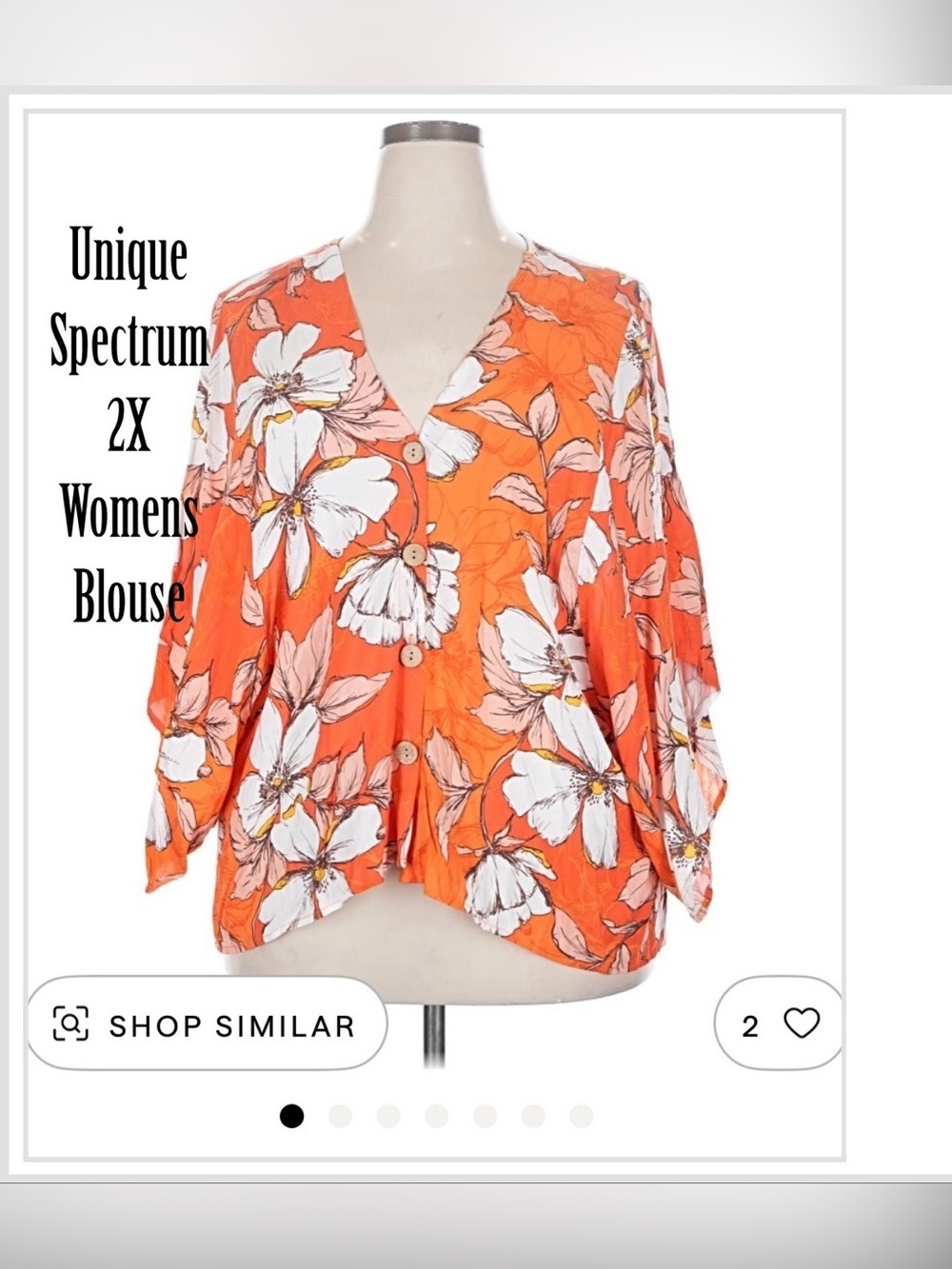Unique Spectrum 2X womens Orange Floral Button-Down Blouse flowy sleeves CUTE!